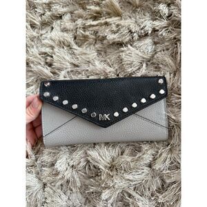 Michael Kors Black and Grey Leather Envelope Trifold Wallet with Silver Studs